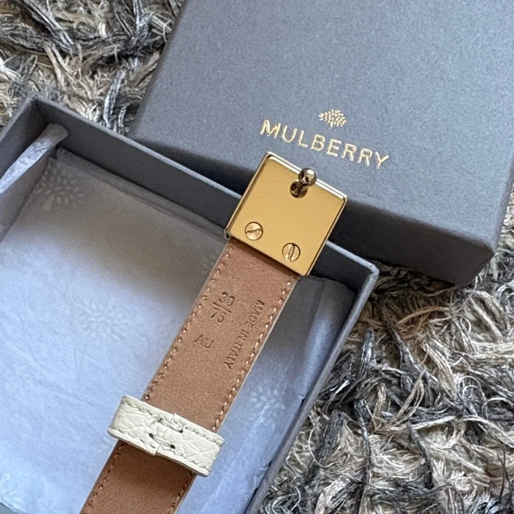 Mulberry Off-White Leather Belt with Gold Logo Buckle